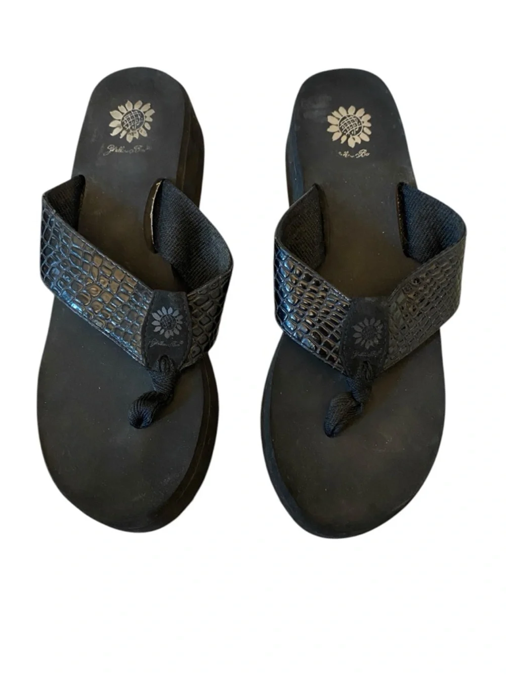 Y2K 90s Yellow Box flip flops black croco-embossed straps platform Thongs - Picture 4 of 12